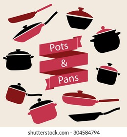 Colorful cookware icon set. Pots and pans vector illustration. Vintage label.