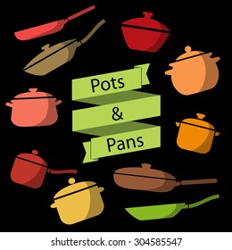Colorful cookware icon set. Pots and pans vector illustration.