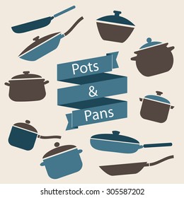 Colorful cookware icon set. Pots and pans vector illustration. Vintage label.