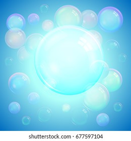Colorful cool background of realistic transparent colorful soap bubbles with a rainbow reflection on a luminous blue background. Vector illustration
