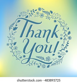 Colorful cool background with white thank you handwritten script vector illustration with leaves and flowers as a wreath