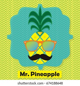 Colorful cool Mr. Pineapple fruit emblem icon on chevron pattern