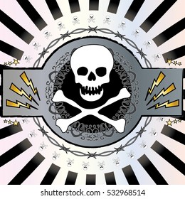 A colorful, cool skull and barbed wire background vector. Heavy metal, rock music feel.