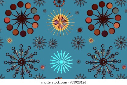 Colorful cool snowflakes over blue background. bright yellow, brown and blue snowflakes repeating pattern for festive designs. textile, fabric, packaging, wrapping and creative backgrounds. 