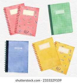 Colorful copybooks watercolor style vector set, top view, Back to school and studying concept designs