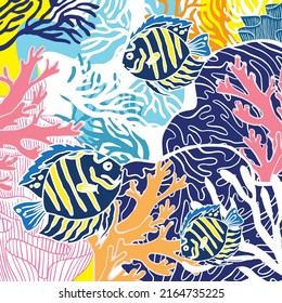 colorful coral and fish art. Beautiful coral art display. fish and coral theme fabric pattern.
