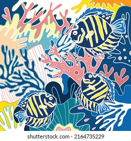 colorful coral and fish art. Beautiful coral art display. fish and coral theme fabric pattern.