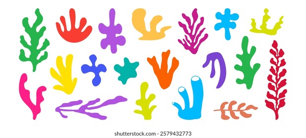 Colorful coral icon, seaweed set. Underwater plant, cartoon organic shape, cute sea doodle. Marine floral collage isolated on white background. Tropical vector illustration