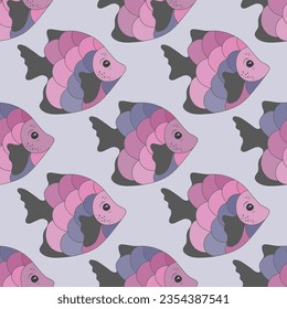 Colorful coral reef fish endless ornament design. Underwater animals diving. Children fashion textile print. Coral reef fish isolated graphic design. Colorful squama, tail