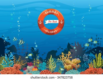 Colorful coral reef with fish on a blue sea background - The best summer holiday. Underwater tropical vector illustration.