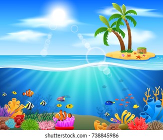 Colorful coral reef with fish on a blue sea background. vector illustration