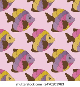 Colorful coral reef fish seamless textile print vector. Aquatic creatures diving. Children fashion fabric print. Coral reef fish decorative illustration. Multi-coloured squama, fins