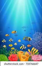 Colorful coral reef with fish and stone arch on a blue sea background. Vector Illustration.