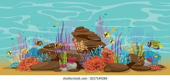 Colorful coral reef with fishes on a blue sea background. Vector seascape illustration. Ocean wildlife.