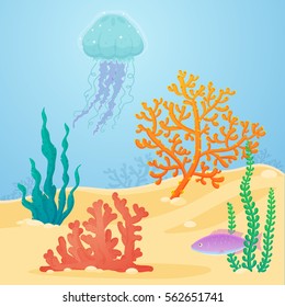 Colorful coral reef with jellyfish