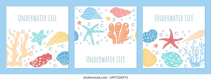 Colorful coral reef scene with diverse marine life set. Aquatic creatures in a vibrant underwater setting for social media post template, capturing the essence of ocean life and water elements.