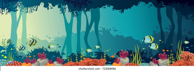 Colorful coral reef with school of fishes and underwater cave on a sea background. Nature panoramic vector illustration. Ocean wildlife.