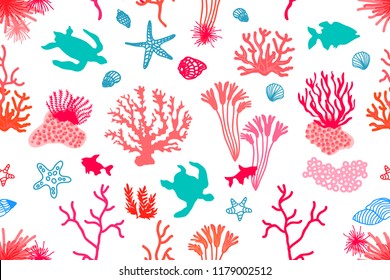 Colorful coral reef. Seamless vector pattern with starfishes and shells. Marine textile collection. On white background.