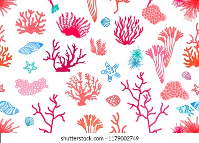 Colorful coral reef. Seamless vector pattern with starfishes and shells. Marine textile collection. On light background.