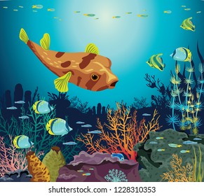 Colorful coral reef with silhouette of fishes and underwater creatures on a blue sea background. Vector seascape illustration. Ocean wildlife.