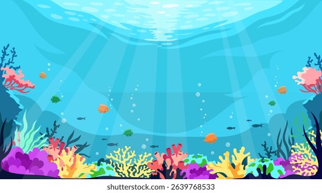 Colorful coral reef with tropical fish swimming in clear ocean waters, flat graphic style, underwater blue background. Concept of marine life. Vector illustration