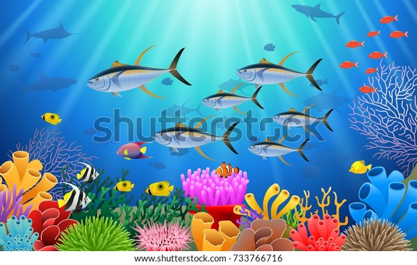 Colorful Coral Reef Tuna Fish Stone Stock Vector (Royalty Free ...