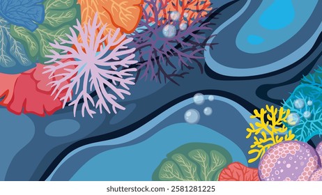 Colorful corals and bubbles in a marine habitat