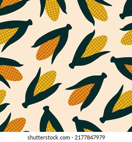 Colorful corn hand drawn vector illustration. Sweet maize vegetable in flat style seamless pattern for kitchen fabric or wallpaper.
