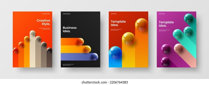 Colorful corporate brochure A4 vector design layout collection. Original realistic balls book cover template set.