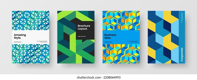 Colorful corporate brochure A4 vector design layout bundle. Isolated mosaic shapes pamphlet concept set.