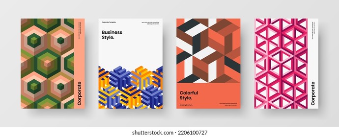 Colorido paquete de plantillas vectoriales de diseño de folletos corporativos. Composición de la ilustración de la presentación de formas de mosaico originales.