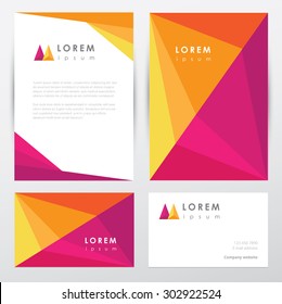 Colorful corporate identity letterhead and business card mockup templates with abstract multicolored geometric pattern design and triangular m letter logo 