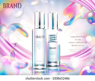 Colorful cosmetic ads, glass bottle with rainbow soap bubbles effect in 3d illustration