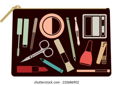 Colorful cosmetic bag with various beauty and care tools and products