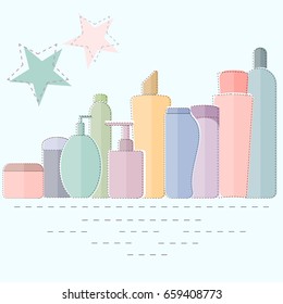Colorful cosmetic product containers, flat style isolated objects