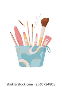 Colorful cosmetic products including lotion, brush, and lipstick in flat cartoon graphic style. Perfect for themes of beauty and skincare, ideal for use in fashion or advertising.