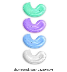 Colorful Cosmetic scrub, smears set isolated on white background. Beauty cosmetics peeling product for face care with cream or gel brush strokes Tube package design vector eps 10 illustration
