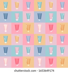 Colorful cosmetic tubes pattern.  Flat style illustration. Can be used for T-shirts, fabrics, wallpapers, diaries, wrapping, decoration, adverticing and promotion in banners, flyers, posters.