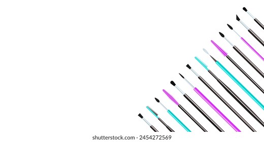 Colorful cosmetics brushes set. Makeup tools vector illustration. Beauty and fashion card for make-up designs. lashes extensions accessories for visage salon, catalog. isolated on a white background