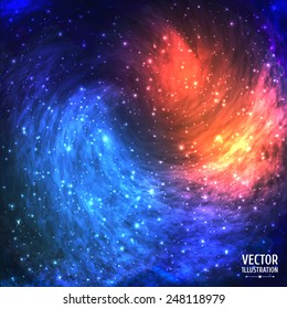 Colorful Cosmic Background with Light, Shining Stars, Stardust and Nebula. Vector Illustration for artwork, party flyers, posters, banners