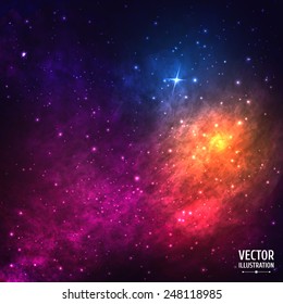 Colorful Cosmic Background with Light, Shining Stars, Stardust and Nebula. Vector Illustration for artwork, party flyers, posters, banners