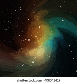 Colorful cosmic background with light, shining stars, and stardust. Vector illustration for your artwork.