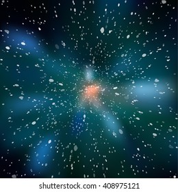 Colorful cosmic background with light, shining stars, and stardust. Vector illustration for your artwork.