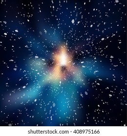 Colorful cosmic background with light, shining stars, and stardust. Vector illustration for your artwork.