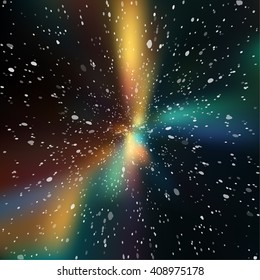 Colorful cosmic background with light, shining stars, and stardust. Vector illustration for your artwork.