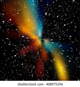 Colorful cosmic background with light, shining stars, and stardust. Vector illustration for your artwork.