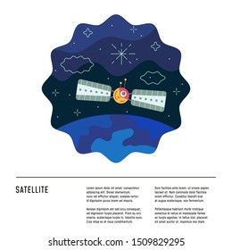 Colorful cosmic illustration of satellite in vector. Design template with text. Banner template in flat style.
