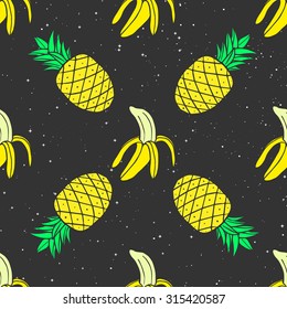 Colorful Cosmic seamless pattern of bananas and pineapples on a starry background in pop-art style