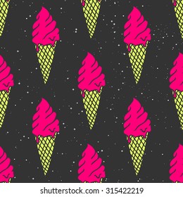 Colorful Cosmic seamless pattern of ice cream on a starry background in pop-art style