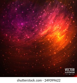 Colorful Cosmic Space Galaxy Background with Light, Shining Stars, Stardust and Nebula. Vector Illustration for artwork, party flyers, posters, banners.